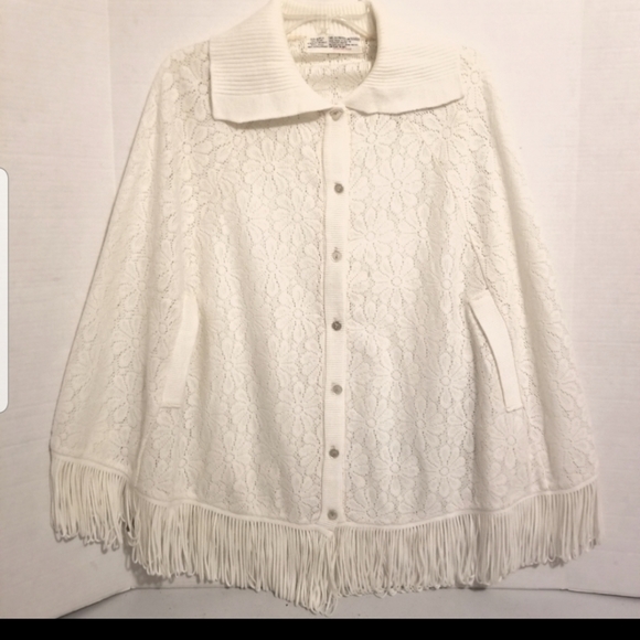 Vintage Fringed White Knit Cape Coverup OS - Picture 1 of 12